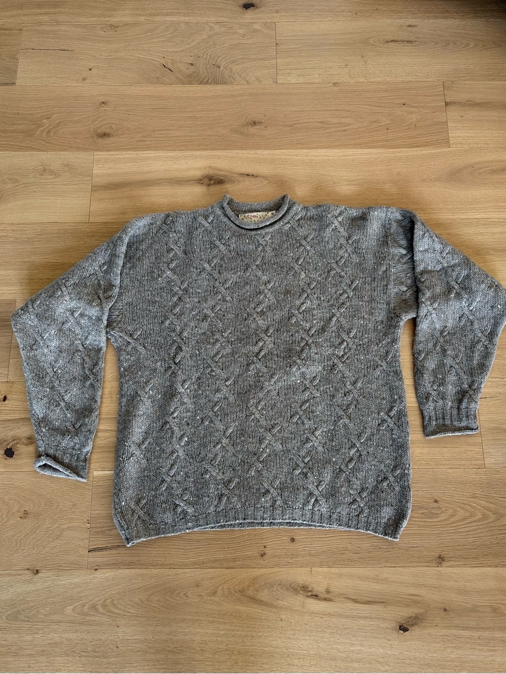 BLARNEY Irish Wool Sweater, Classic Gray Cable Knit Textured Cozy, Unisex, XL
